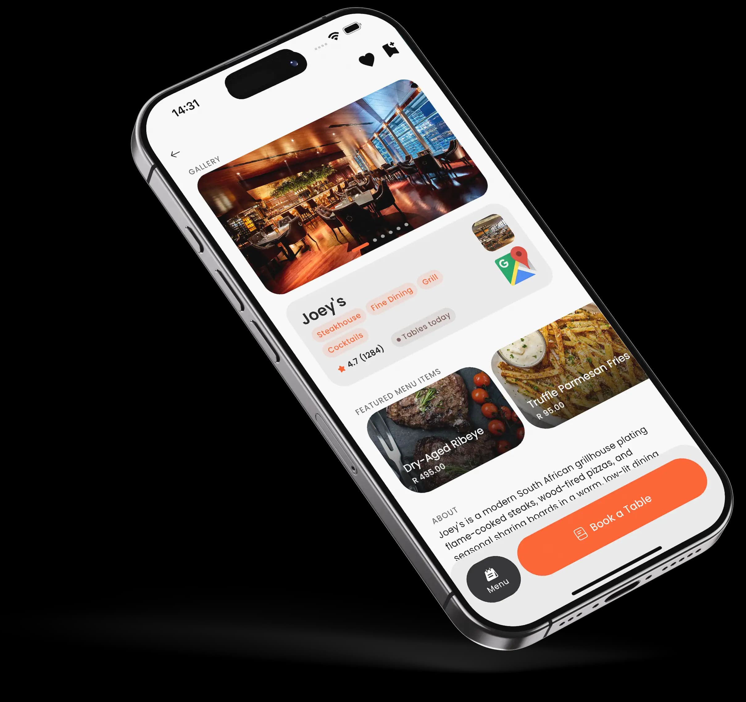 Rezzr restaurant detail screen on iPhone