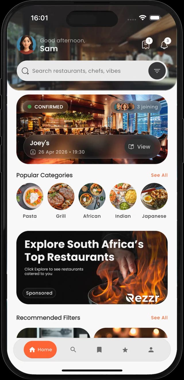 Rezzr home screen with a reservation card