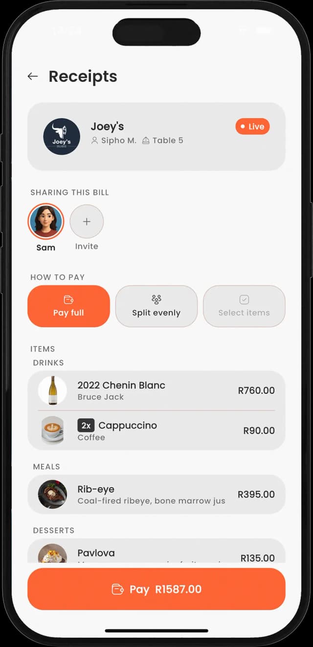 Rezzr bill split and pay screen