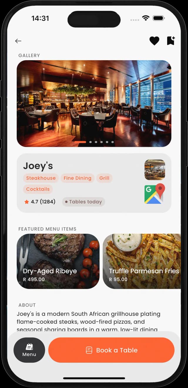 Rezzr restaurant detail screen with booking options